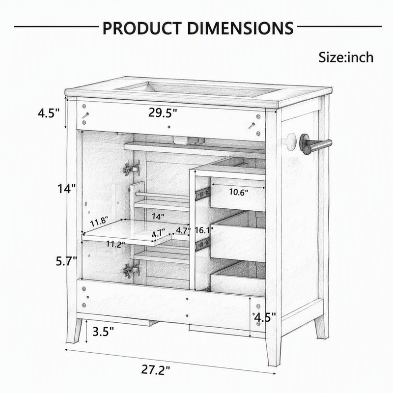 Meuble-lavabo de style campagnard de 76 cm (30 po) avec lavabo en céramique, rangement inclinable, 3 tiroirs et armoire centrale, tablette réglable, porte-serviettes réversible, en pin massif.
