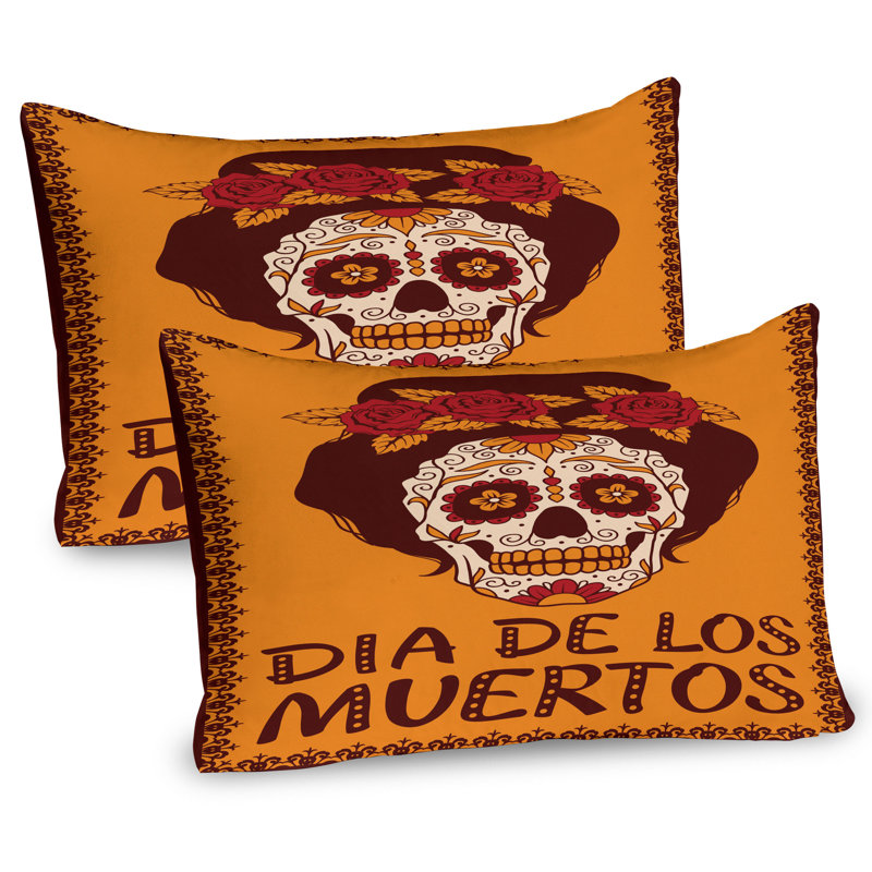Ambesonne Sugar Skull Pillow Sham 2 Pack Mexican Skull Girl Brown Marigold, 20"H x 26"W