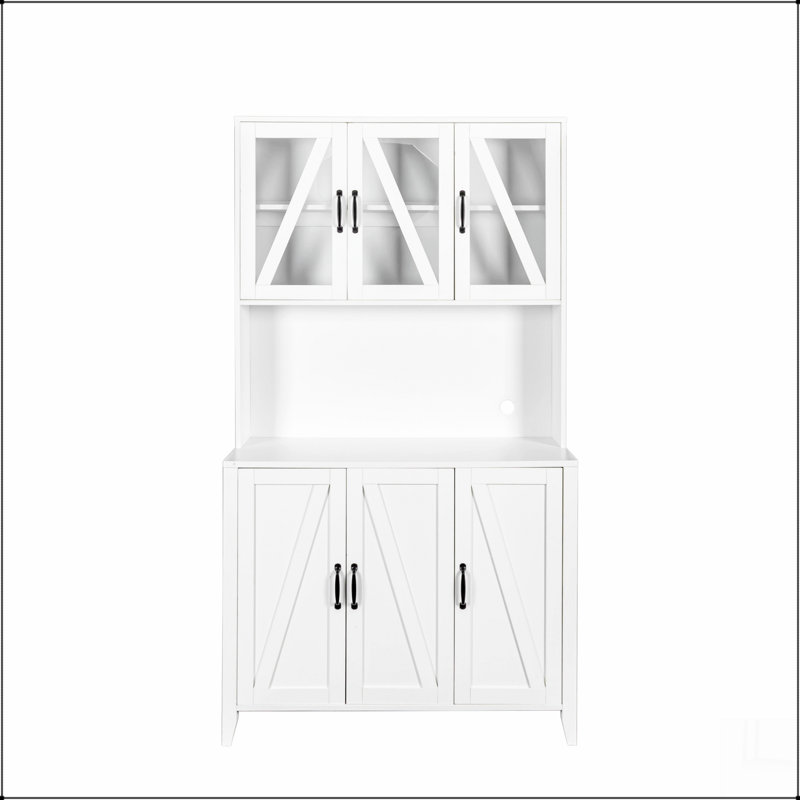 Grande armoire de rangement pour garde-manger avec portes en verre, tiroirs et tablettes ouvertes