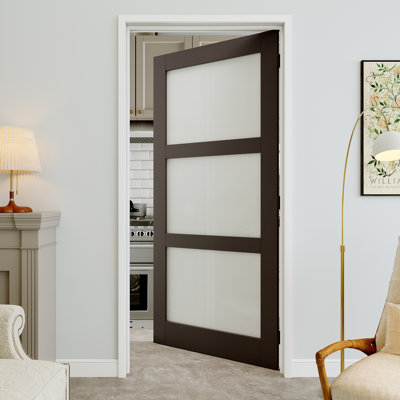 Porte pré-suspendue 32 po x 80 po en verre givré noir à 3 lumières avec charnières noires, dalle de porte d'intimité en verre, insonorisant et imperméable, combinaison pour la lessive, portes de placard, portes de pièce, droite