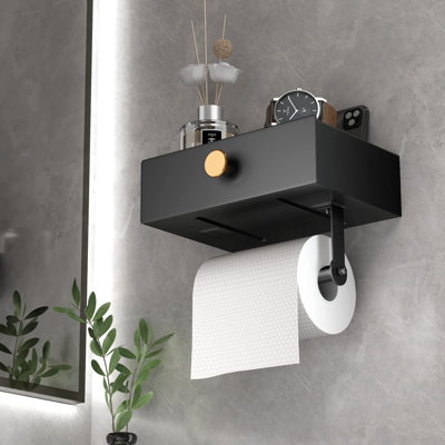 Toilet Paper Holder With Shelf, Extended Base Wall Mounted Marble Toilet Roll Holder Black For Bathroom Washroom - View #5