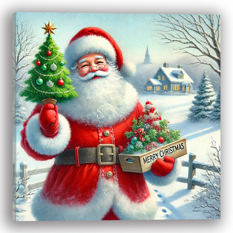 «Christmas Cheer: Santa Claus with Holiday Tree», art mural, H 12 po x l 12 po