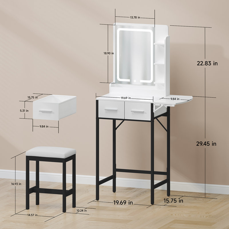 Small Makeup Vanity Set with LED Mirror & Stool, White/Black