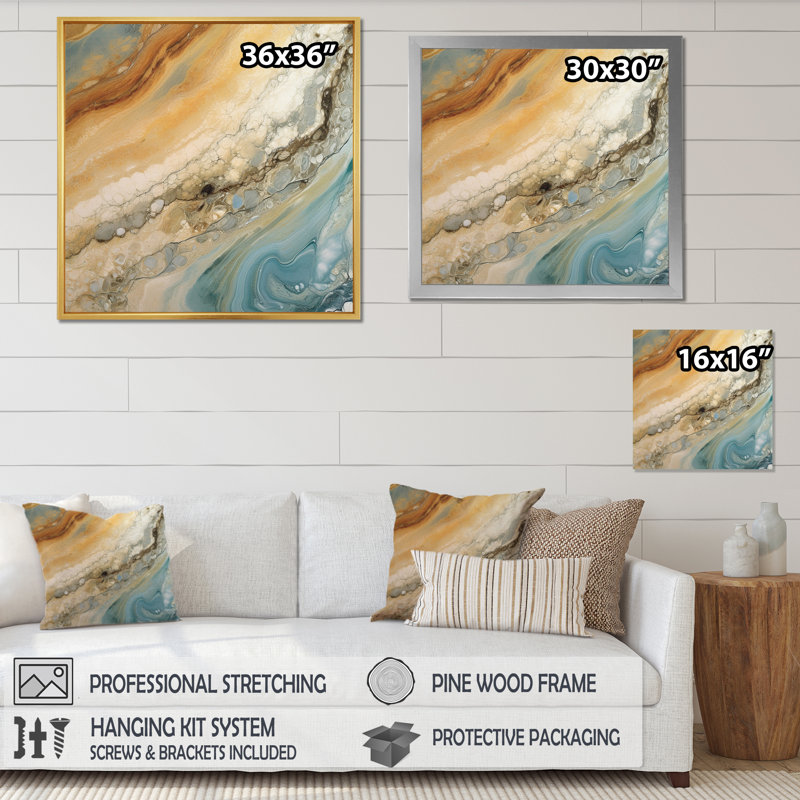 Beige bleu turquoise Symphony - impressions sur toile abstraites, H 30 po x l 30 po x P 1 po, Cadre simple noir
