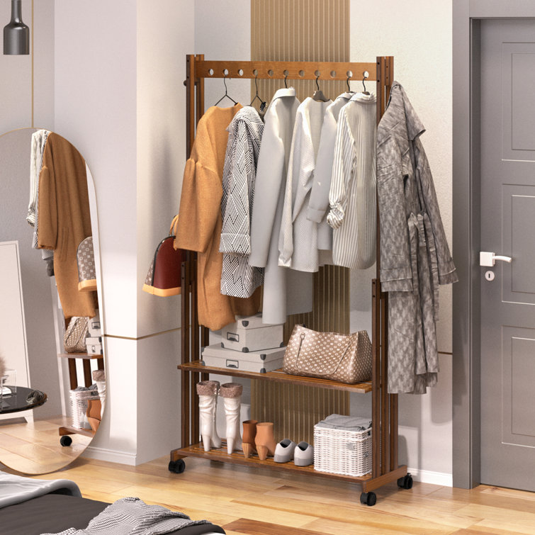 Rebrilliant Lurean 40.94'' Solid Wood Rolling Clothes Rack