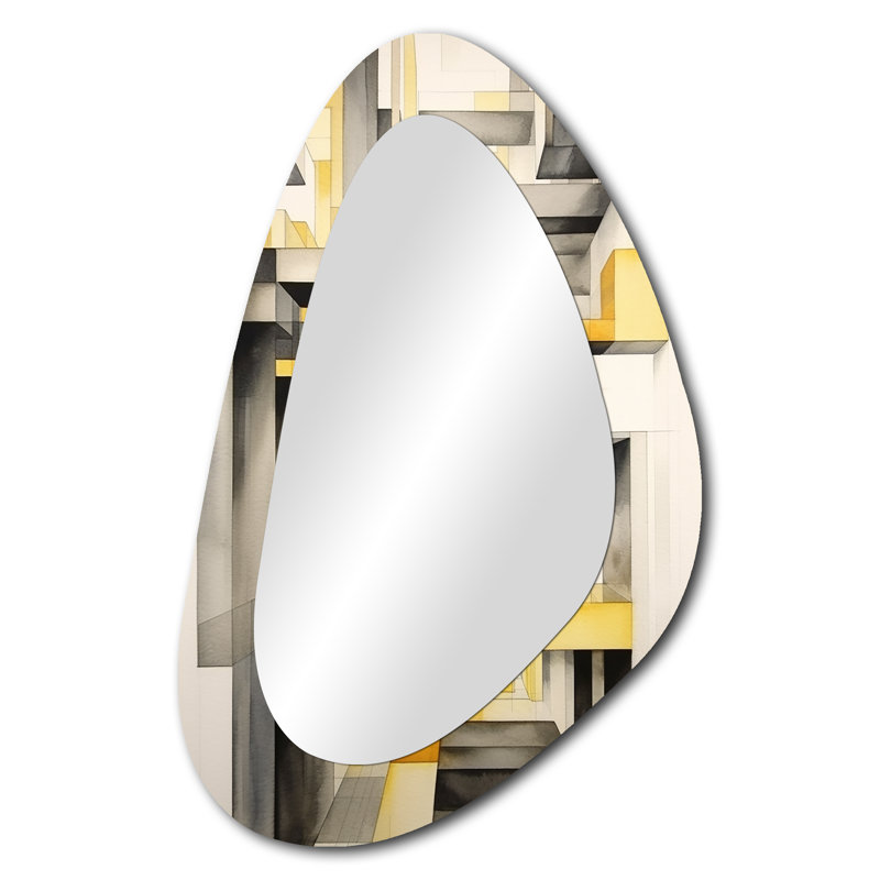 Jaune et gris qui se recoupent II - formes abstraites, miroir mural asymétrique unique, miroir de forme unique moderne, impression sur métal
