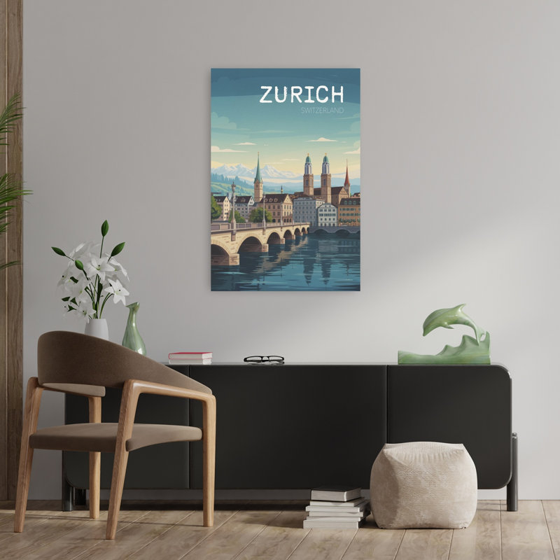 Ville de Zurich, Suisse, paysage urbain tranquille, architecture contemporaine abstraite, art mural, H 36 po x l 24 po