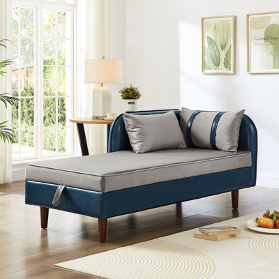 Chaise longue 65 po en velours bleu marine et gris avec rangement, structure, sièges confortables, méridienne cachée, installation facile, support scientifique, sous le coussin