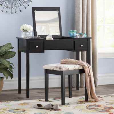 Fidelmar 36" 2-Drawer Flip Top Mirror Vanity with Butterfly Print Stool