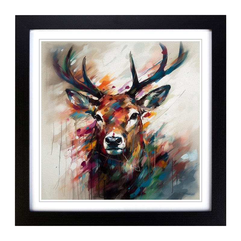 Stag Gestural Art - Single Picture Frame Print on Wood, Black