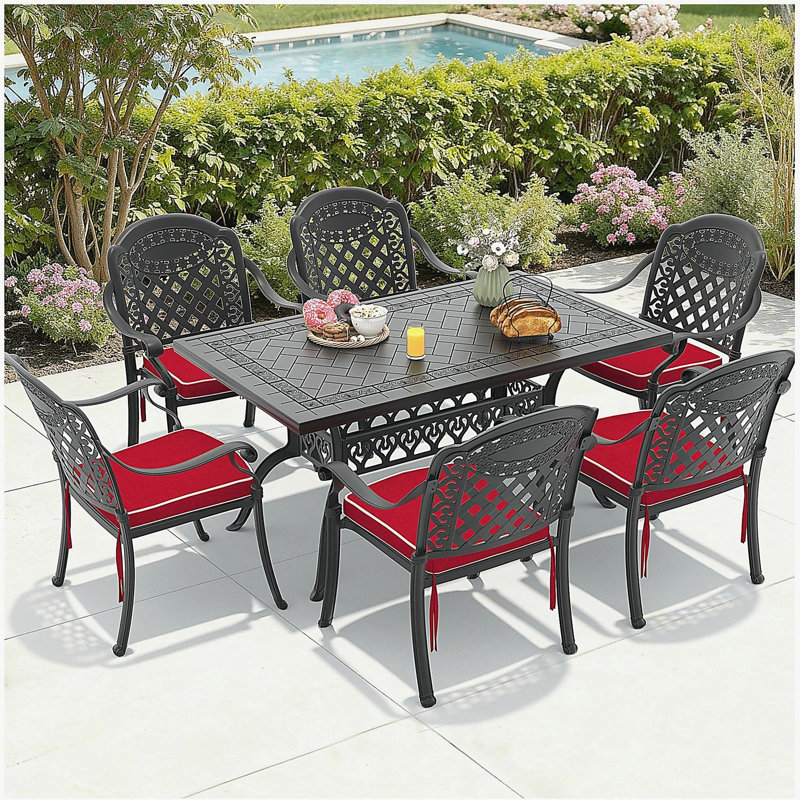 Ensemble de 7 pièces de mobilier de patio en aluminium coulé avec cadre noir et coussins de siège rouges (identique à: W1710S00491)