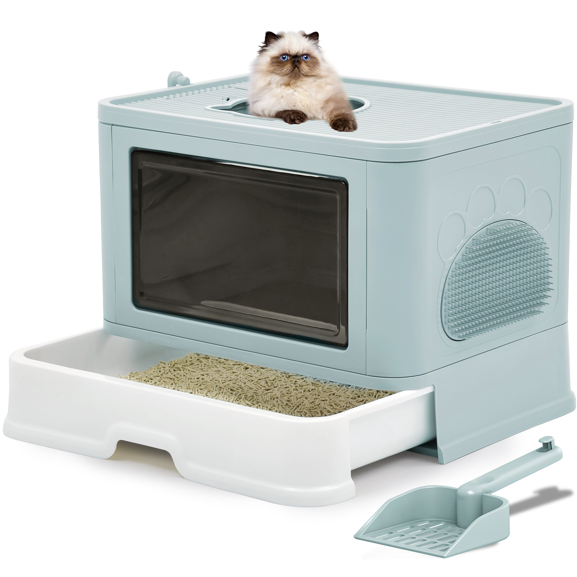 Extra Large Cat Litter Box with Scoop, Front Entry and Top Exit, White Tucker Murphy Pet