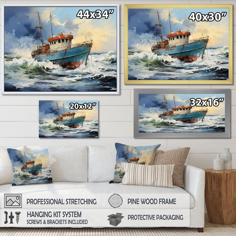 Nautique, aventure nautique - Bateau côtier, art mural, Cadre d'angle fermé noir, H 24 po x l 32 po x P 1 po