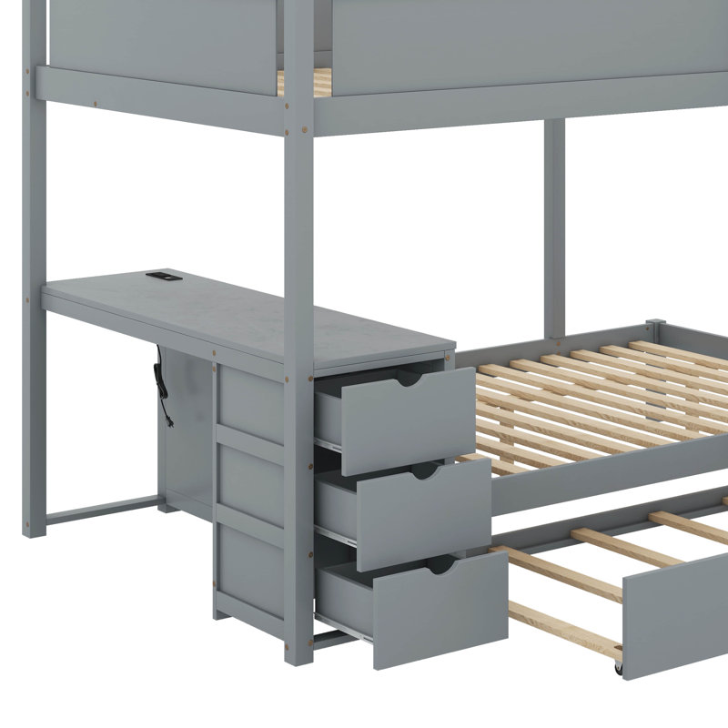 Bunk Bed With Trundle And Desk, Gray, Full Over Full