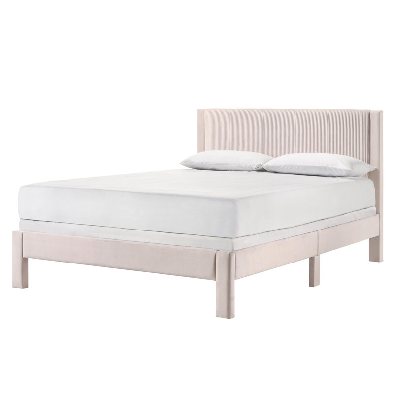 Grand lit contemporain rose avec tête de lit tapissier et aspect texturé nervuré, structure discrète, tête de lit discrète, pieds discrets