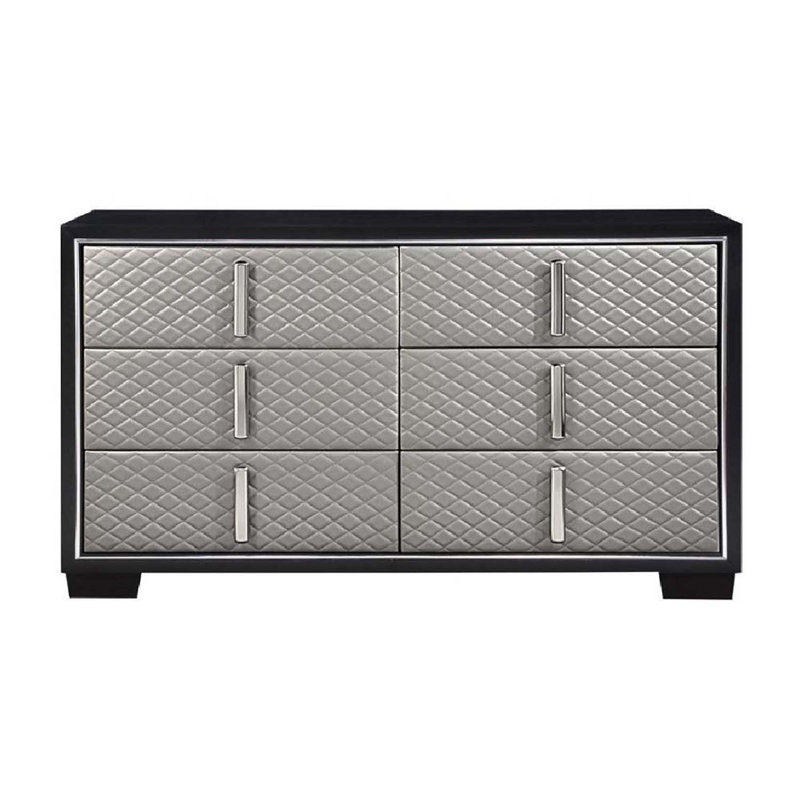 Commode 6 tiroirs Nicola, similicuir argenté et finition noire