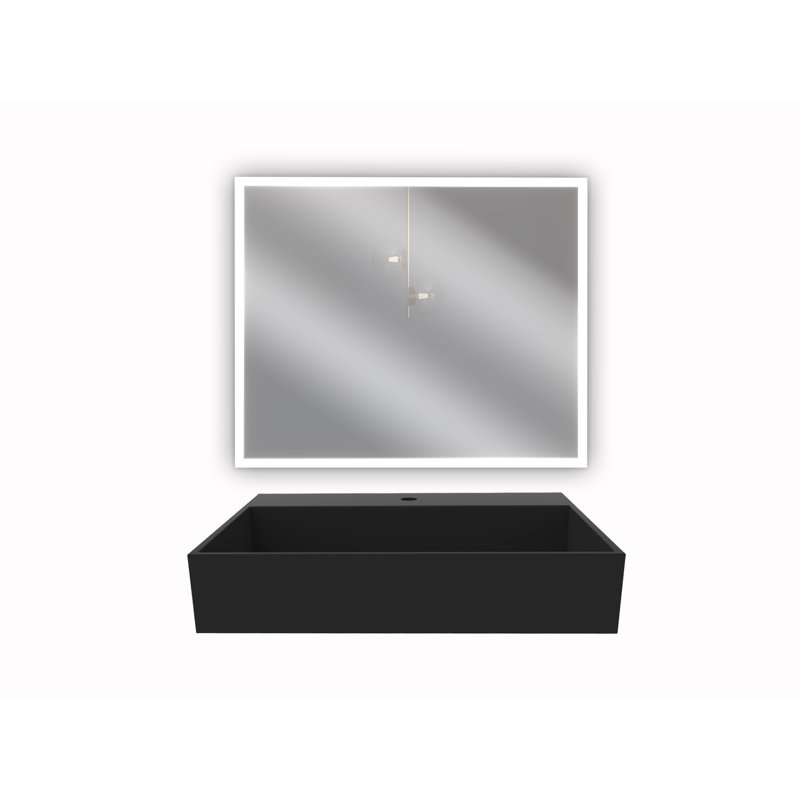 Juniper 24" Solid Surface Wall Mount Modern Minimalist Bathroom Sink and LED Mirror Set, Black
