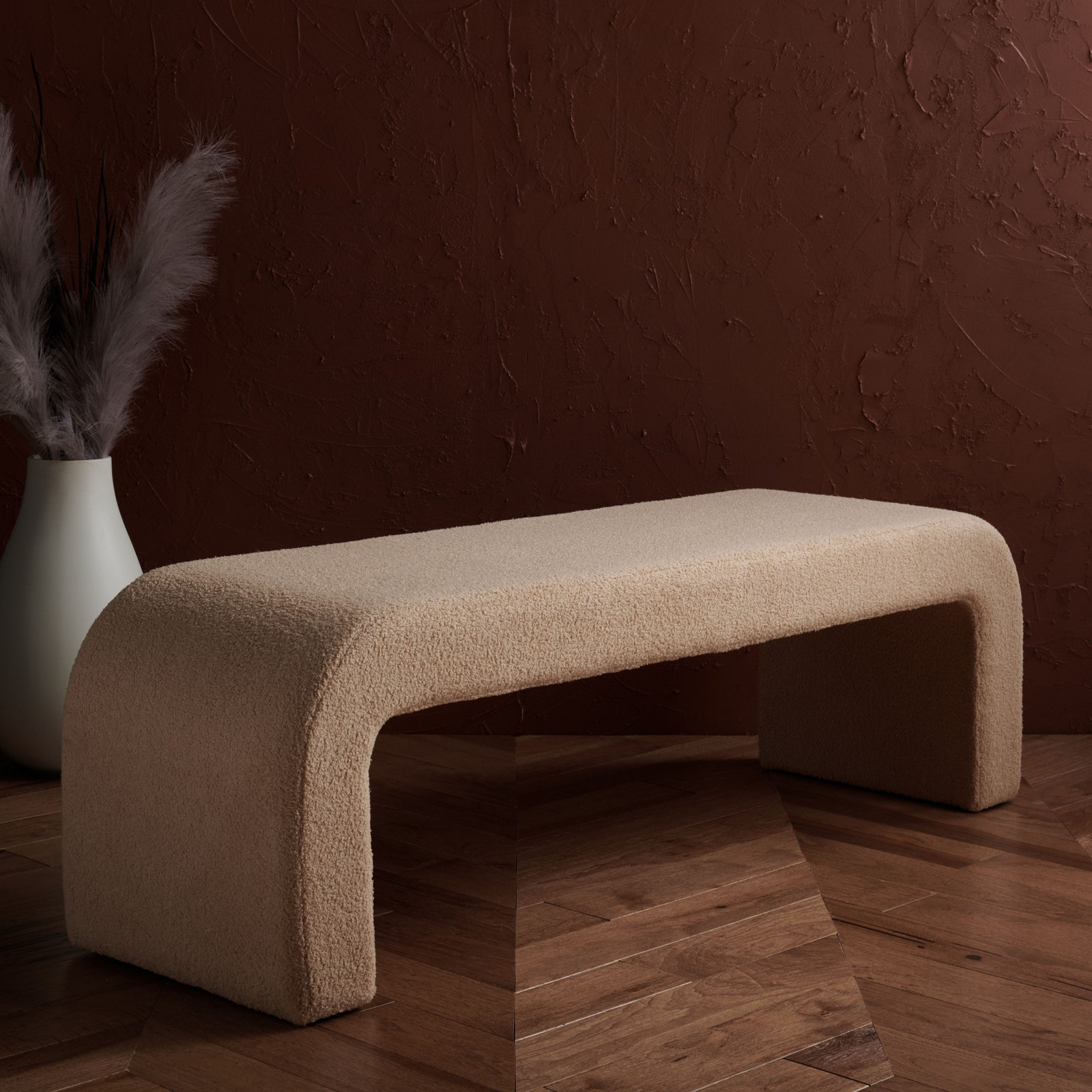 Daine 62" Linen Bedroom Bench, Tan Faux Lambs Wool