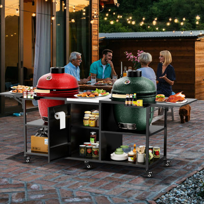 Outdoor Grill Cart Compatible With Two Big Egg, 18 Inch And Similar Models - Black Silver Metal Table, 110.98 Lb, 35.12 In Height, 26.31 Width, 101.91