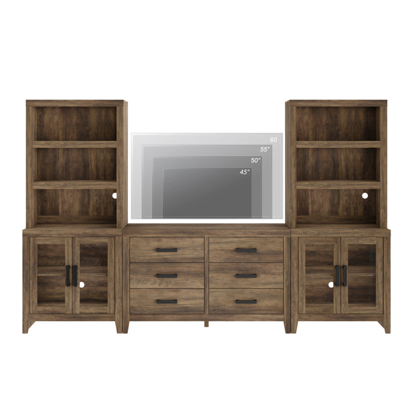 Entertainment Center With Bookshelves, Farmhouse TV Stand For 75 Inch TV, Wood Media Console With Glass Doors And 6 Storage Drawers For Living Room, Bedroom,Brown