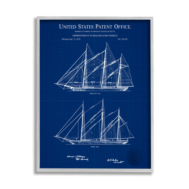 Schéma détaillé de brevet de bateau bleu, L 24 po x H 24 po, Estampe numérique Farmhouse