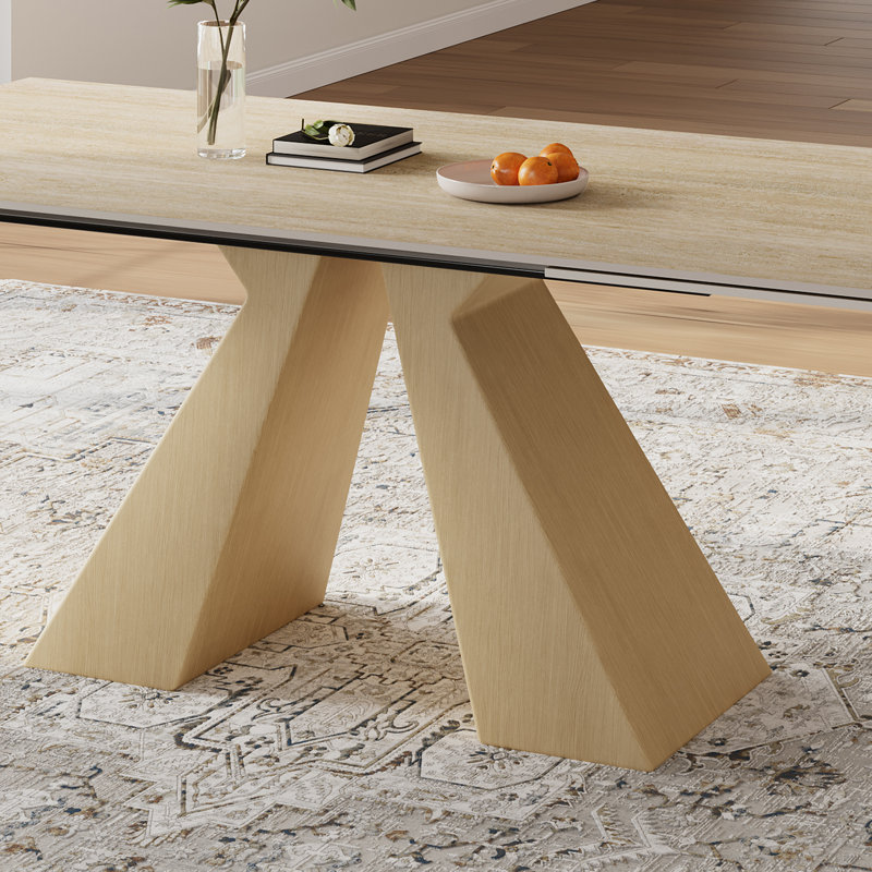 Extendable 63 to 94" 10-Seat Beige Sintered Stone Dining Table with Carbon Steel Base, Large Modern Rectangular Dining Room Table For Home, Kitchen, Living Room