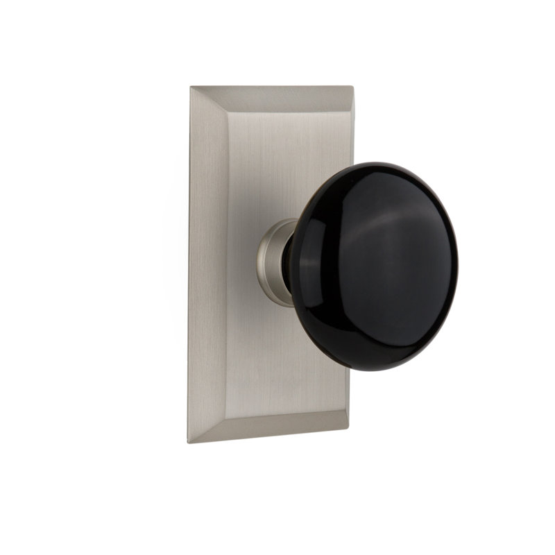 Studio Plate with Black Porcelain Door Knob, Satin Nickel, 2.75”