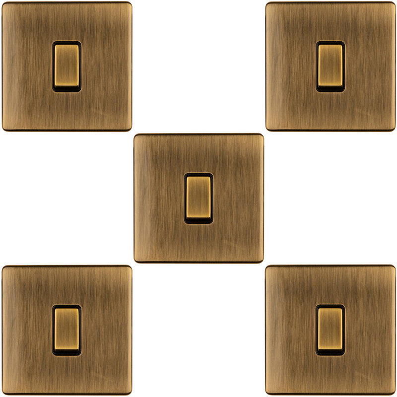 5 PACK 1 Gang Single Light Switch SCREWLESS MATT WHITE 2 Way 10A Slim Rocker, Gold, Antique Brass