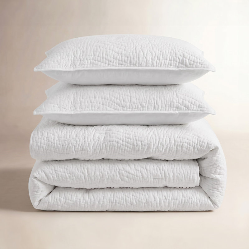 Cotton Wave Hand Stitch Voile Quilt Set, King Quilt + 2 King Shams, White