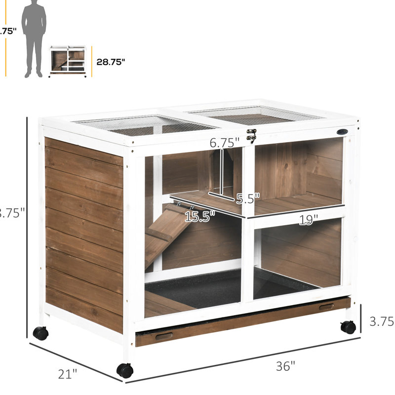 Cage en bois avec roulettes, dimensions de bureau et de table d'appoint, entrée étanche, revêtement brun