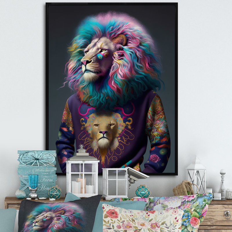 " Cool Lion With Flamboyant Sweater ", 32" H x 16" W x 1" D, Black Floater Framed