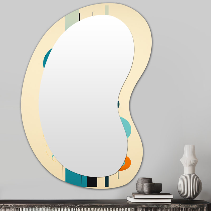 Geometric Balance Blue Circular - Midcentury Modern Asymmetrical Decorative Mirror, Modern Irregular Shape Wall Mirror, Printed Metal Art