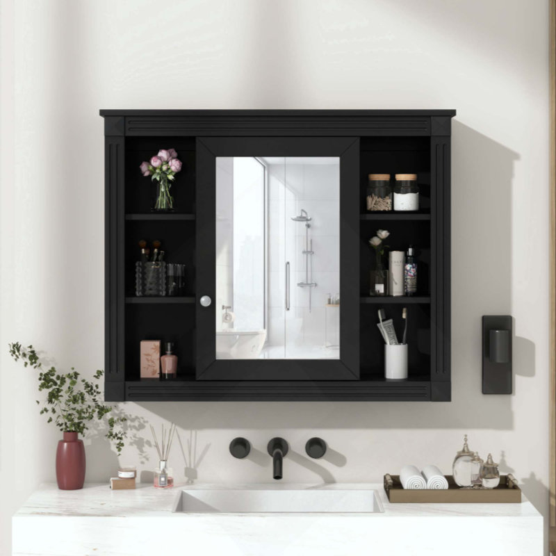 Armoire de rangement murale pour salle de bain, armoire à pharmacie, armoire de salle de bain moderne avec miroir, armoire à miroir avec 6 tablettes ouvertes (meuble-lavabo non inclus)