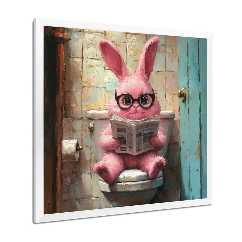 Kennert lapin lisant les nouvelles dans la toilette II - lapin, art mural sur toile, H 36 po x l 36 po, Blanc