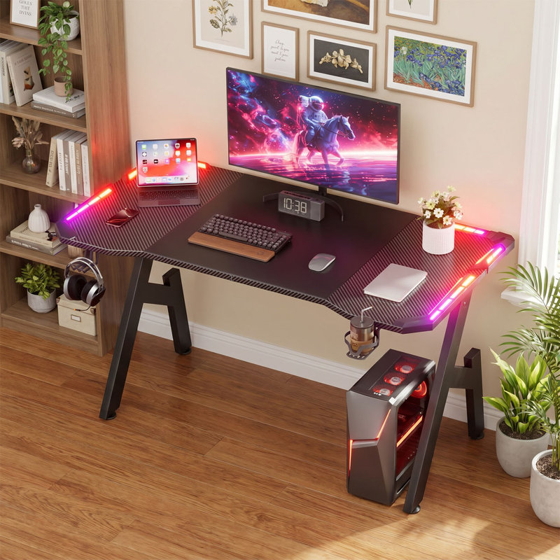 Gaming Desk with LED Lights, Large Computer Gaming Table with Carbon Fiber Coated for Home Office, Sturdy A-Shaped PC Gamer Desk Workstation with Cup Holder & Headphone Hook, Black