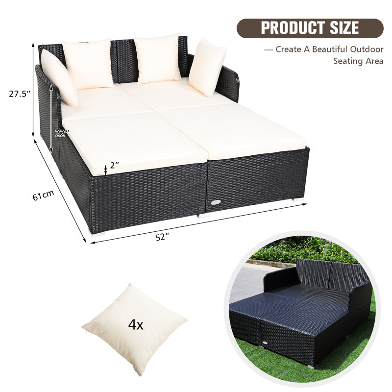 52'' Wide Straight Wicker Patio Daybed with Cushions, White