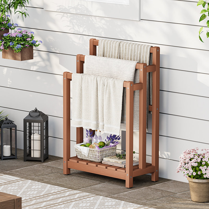 Porte-serviettes sur pied pour salle de bain, échelle à couvertures à 3 niveaux en HIPS, étagère de séchage au sol avec rangement inférieur, barre porte-serviettes de 91 cm de haut pour spa, piscine, chambre, teck