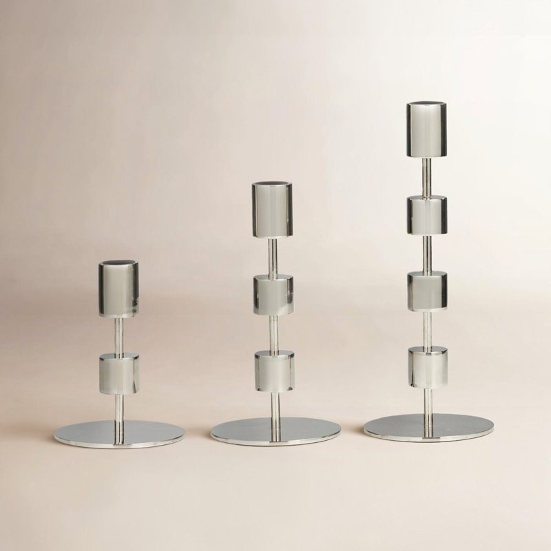 Brenner 3 Piece Aluminum Tabletop Candlestick Set, Polished Silver