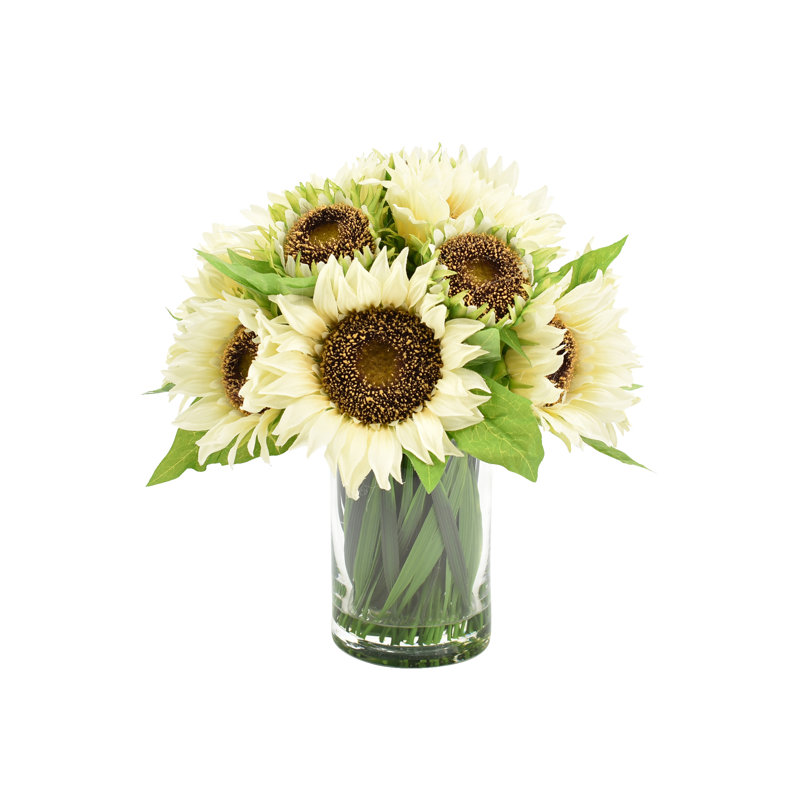 Sunflowers In Glass Vase With Grass, White