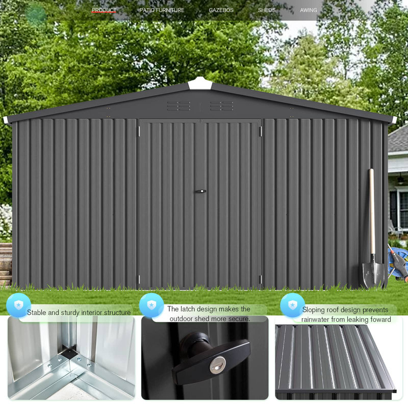 12' X 12' Large Metal Sheds & Outdoor Storage Clearance Steel Yard Shed With Lockable Doors, Dark Gray