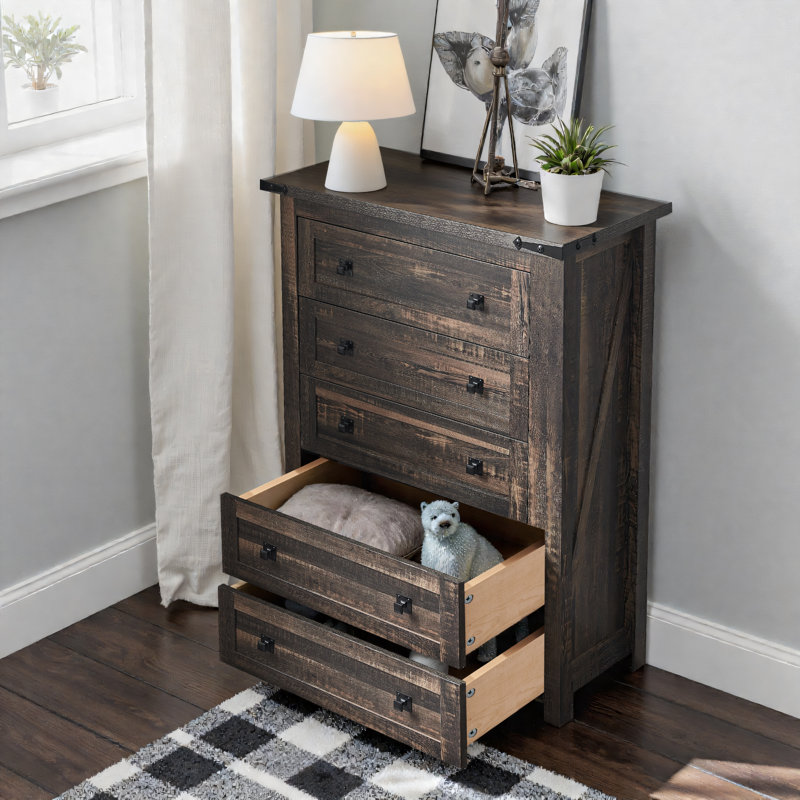 Commode en bois Farmhouse - 5 tiroirs, rangement polyvalent, Chêne rustique foncé