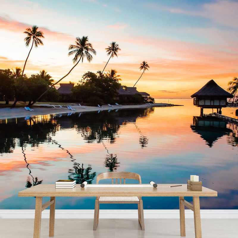 Papier peint adhésif tropical Tropical Sunset at Moorea French Polynesia, L 100 po x l 144 po