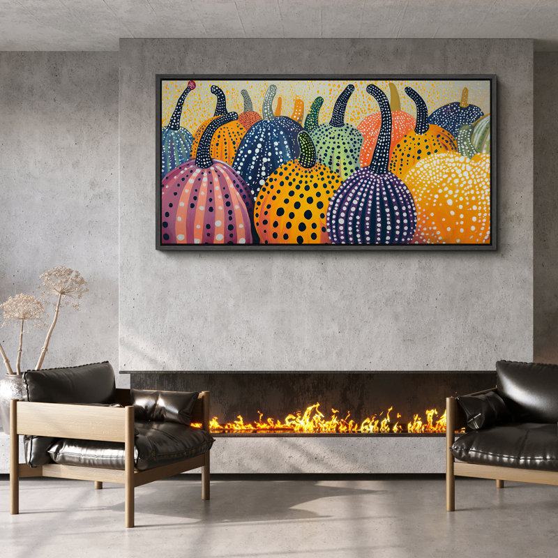 Colourful Polka Dot Pumpkins Framed Canvas - Whimsical Pop Art Style Fall Decor, Black, 30" H x 60" W