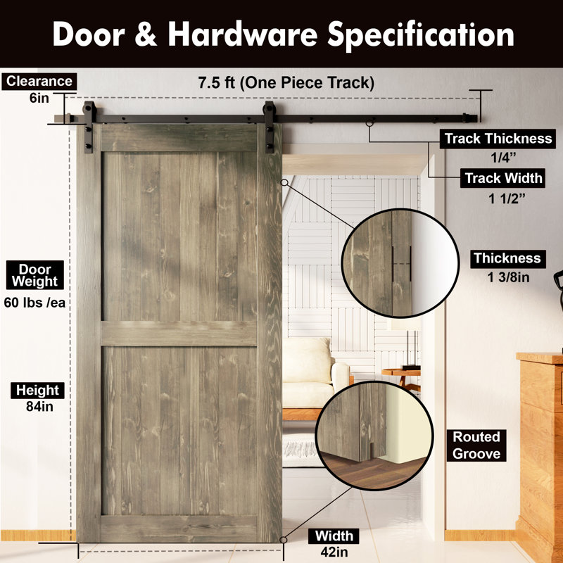Porte en bois de pin massif non assemblé avec design H rustique noir H Design, Gris classique, 42 po x 84 po