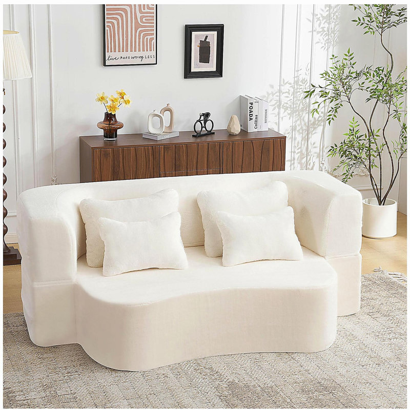 Grand canapé moderne blanc sur pied avec 4 coussins, canapé futon en tissu moelleux, matelas pliant en mousse haute densité pour le salon, les invités, la chambre à coucher, aucun assemblage requis