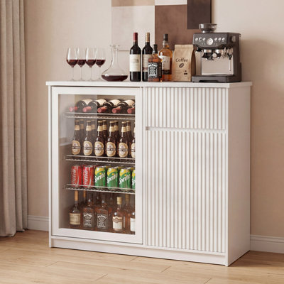 Mini Fridge Cabinet With Power Outlet,38.2"W Coffee Bar Cabinet With Fridge Space, Modern Wine Bar Cabinet With Storage & Wine Rack, Buffet Sideboard For Home Kitchen Dining Room,White