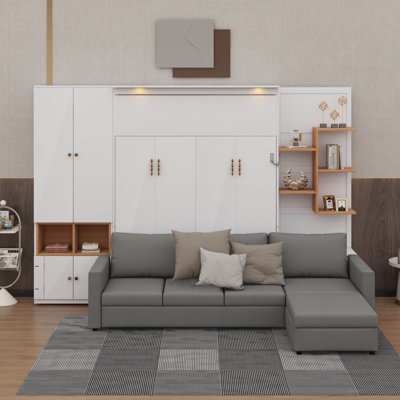 Lit escamotable avec grand canapé et 2 lumières, lit escamotable mural en bois avec tablettes et armoires de rangement