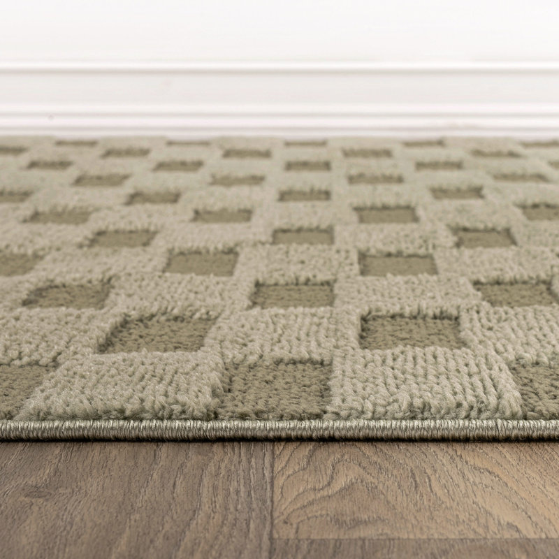 Tapis d'intérieur à poil long tissé à la machine à damier vert sauge, Vert, 2 pi 3 po x 8 pi