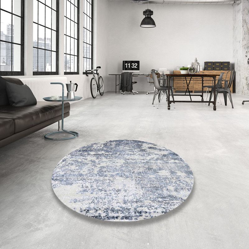 Tapis abstrait blanc / bleu, Rond 8 pi