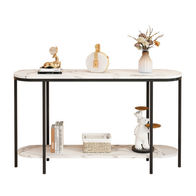 Console Table 2 Tier Narrow Entryway Storage Shelves Faux Marble Hallway Office Black White